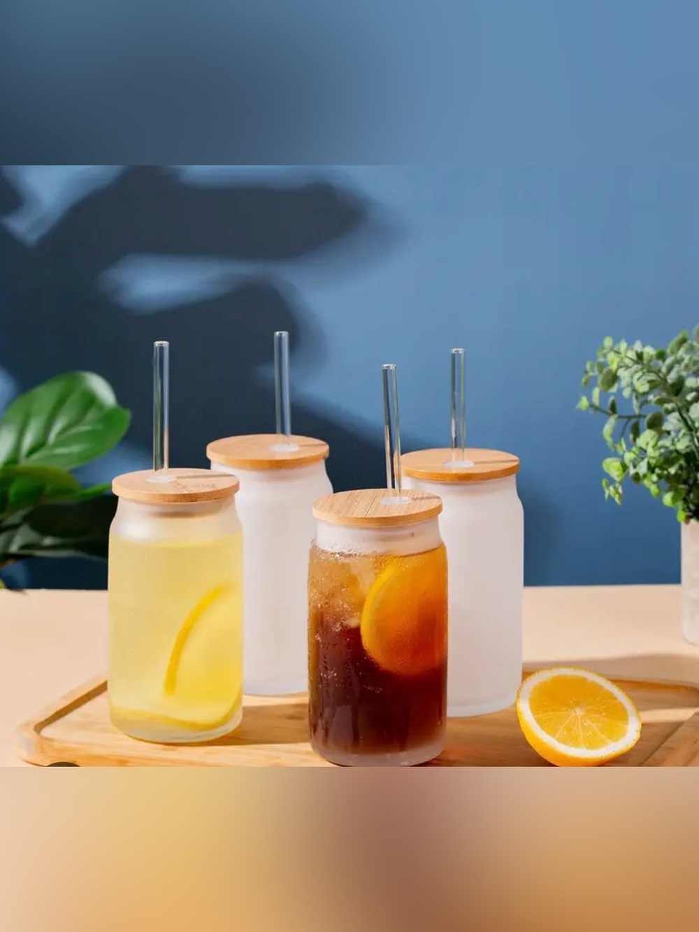 Frosted Glass Cup with Bamboo Lid & Straw